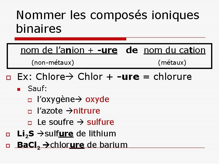 Nommer les composés ioniques binaires nom de l’anion + -ure de nom du cation