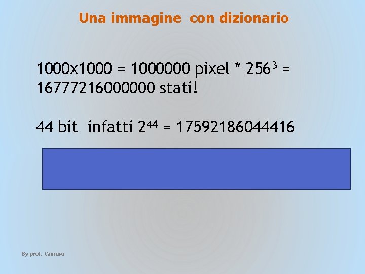 Una immagine con dizionario 1000 x 1000 = 1000000 pixel * 2563 = 16777216000000