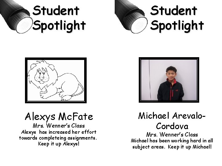 Student Spotlight Alexys Mc. Fate Mrs. Wenner’s Class Alexys has increased her effort towards