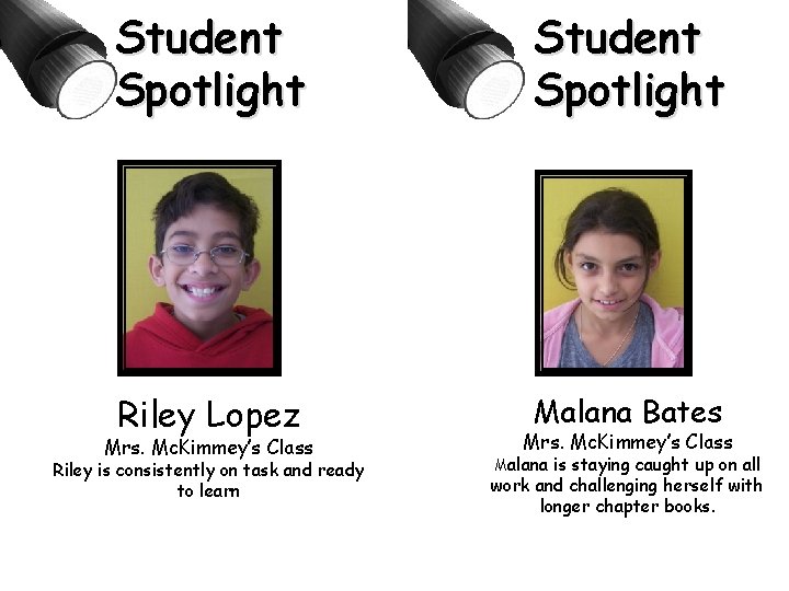 Student Spotlight Riley Lopez Malana Bates Mrs. Mc. Kimmey’s Class Riley is consistently on