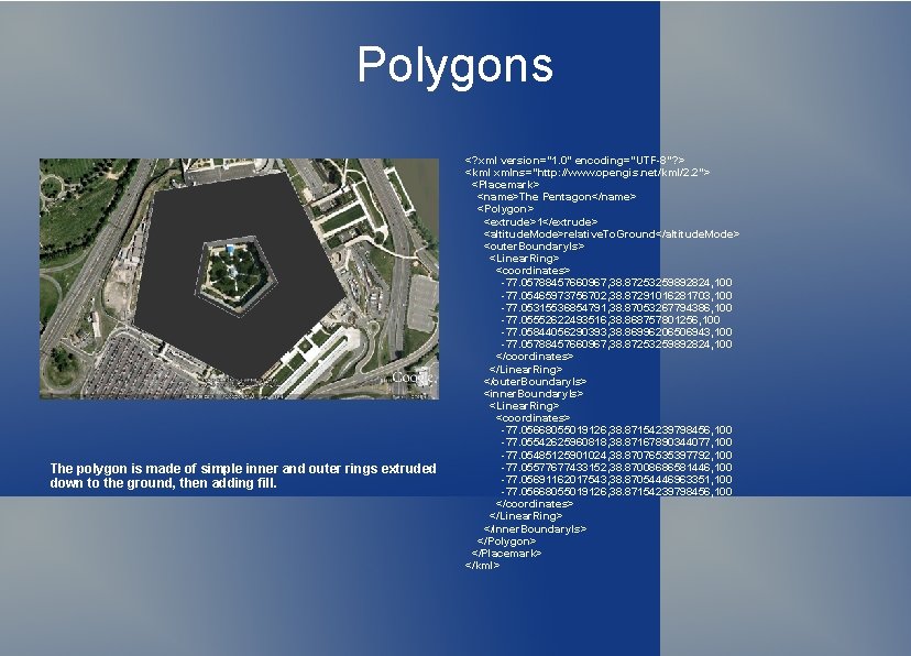Polygons The polygon is made of simple inner and outer rings extruded down to