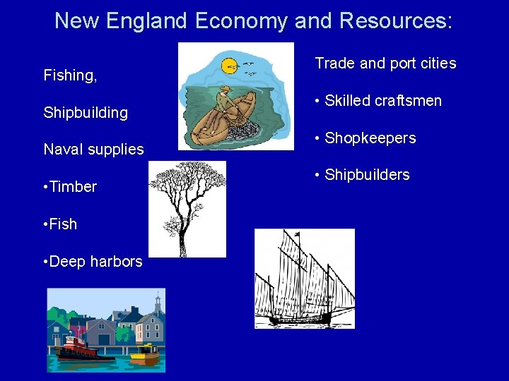 New England Economy and Resources: Fishing, Shipbuilding Naval supplies • Timber • Fish •