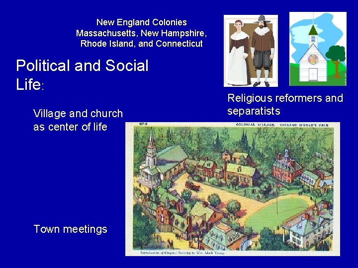 New England Colonies Massachusetts, New Hampshire, Rhode Island, and Connecticut Political and Social Life: