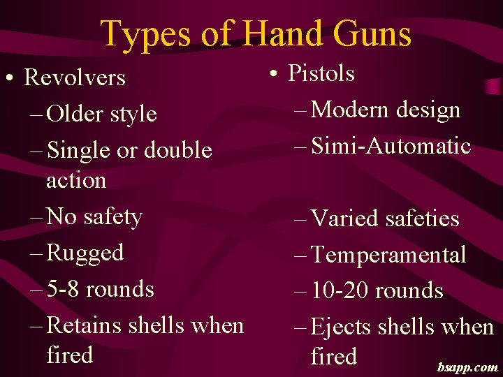Types of Hand Guns • Pistols • Revolvers – Modern design – Older style