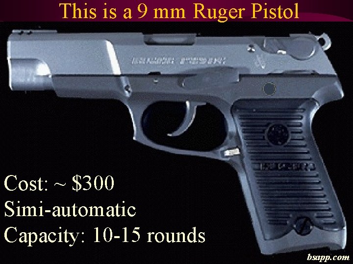 This is a 9 mm Ruger Pistol Cost: ~ $300 Simi-automatic Capacity: 10 -15