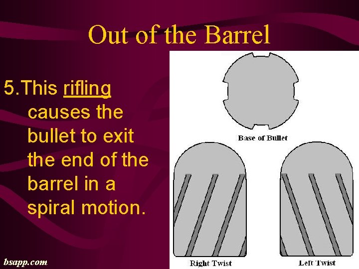 Out of the Barrel 5. This rifling causes the bullet to exit the end