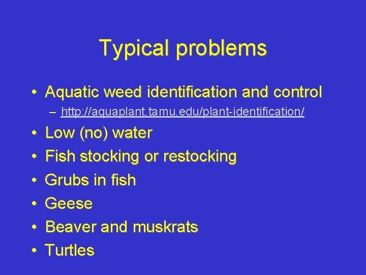 Typical problems • Aquatic weed identification and control – http: //aquaplant. tamu. edu/plant-identification/ •