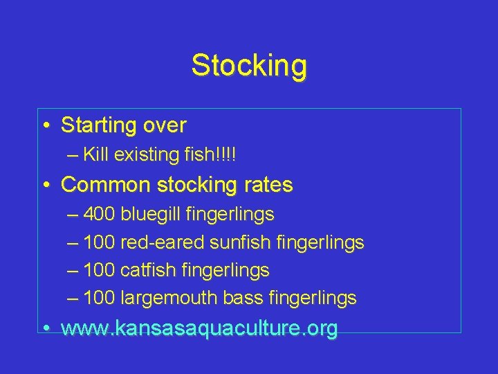Stocking • Starting over – Kill existing fish!!!! • Common stocking rates – 400