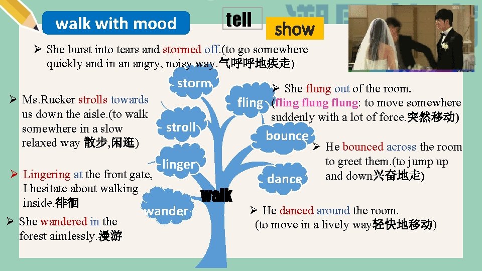 tell walk with mood show Ø She burst into tears and stormed off. (to