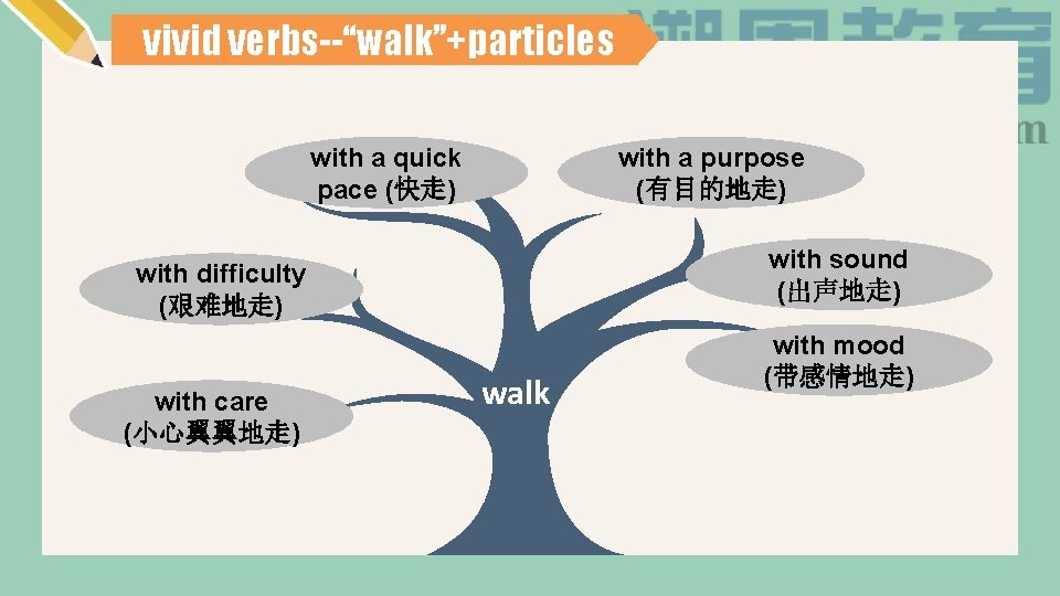 vivid verbs--“walk”+particles with a quick pace (快走) with a purpose (有目的地走) with sound (出声地走)