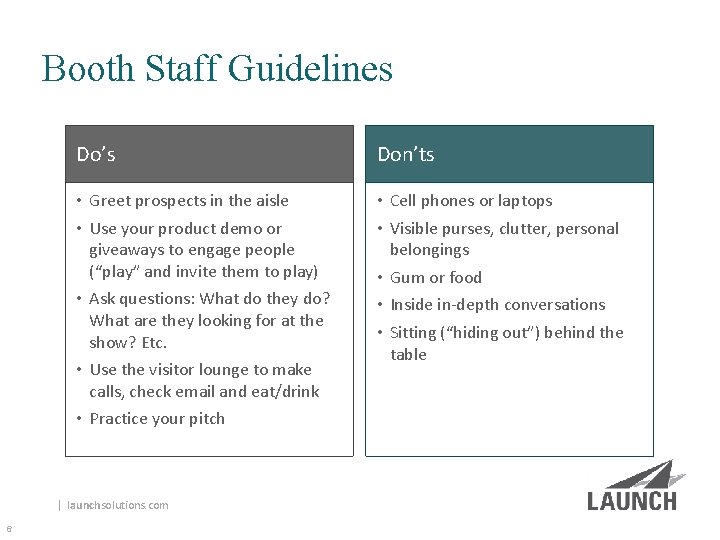 Booth Staff Guidelines Do’s Don’ts • Greet prospects in the aisle • Use your