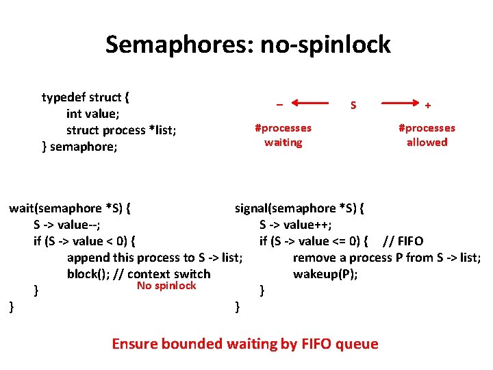Semaphores: no-spinlock typedef struct { int value; struct process *list; } semaphore; – S