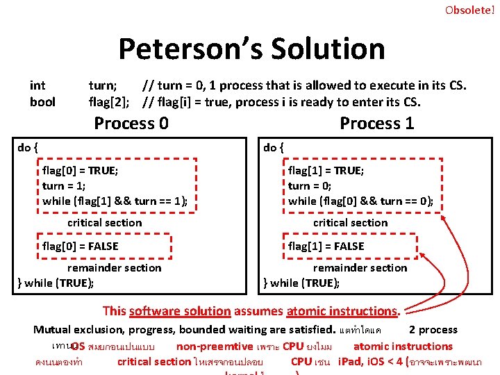 Obsolete! Peterson’s Solution int bool turn; // turn = 0, 1 process that is