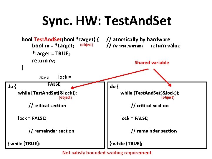 Sync. HW: Test. And. Set bool Test. And. Set(bool *target) { bool rv =