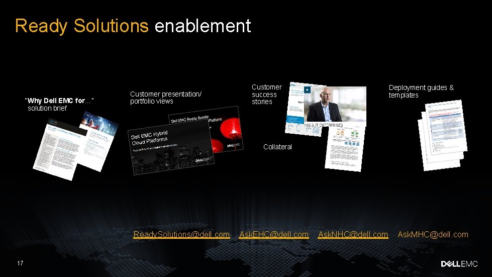 Ready Solutions enablement “Why Dell EMC for…” solution brief Customer presentation/ portfolio views Customer