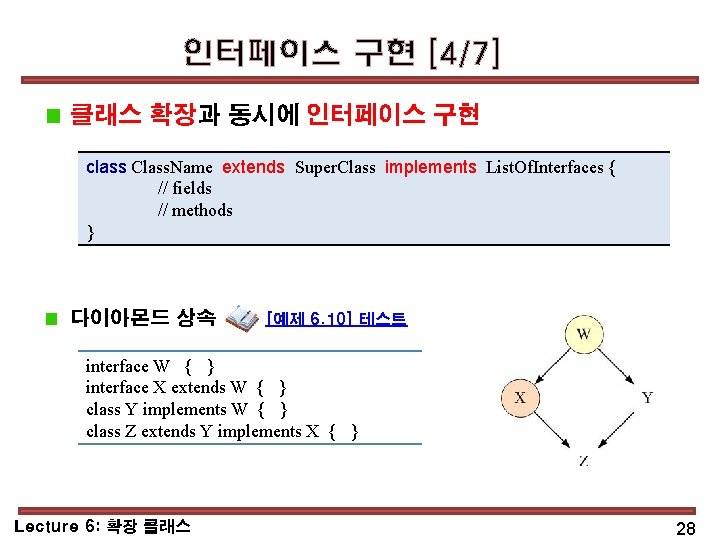인터페이스 구현 [4/7] 클래스 확장과 동시에 인터페이스 구현 class Class. Name extends Super. Class