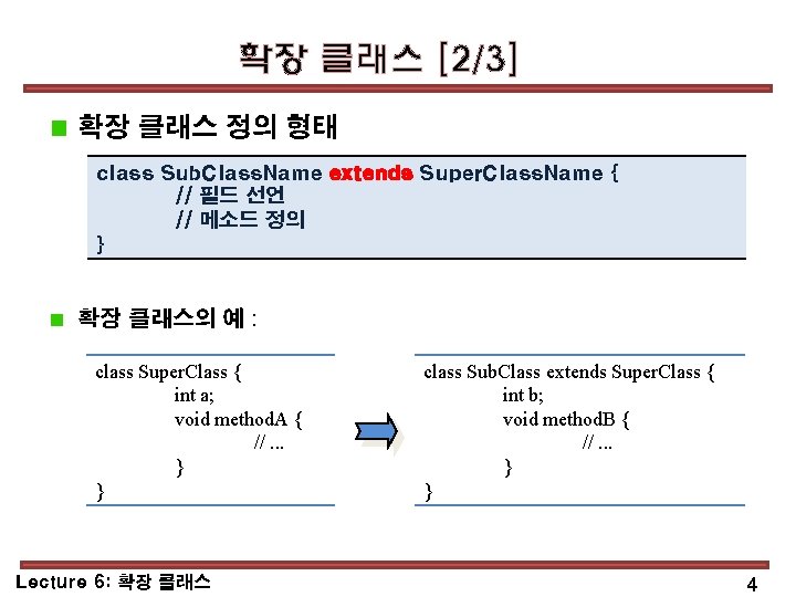 확장 클래스 [2/3] 확장 클래스 정의 형태 class Sub. Class. Name extends Super. Class.