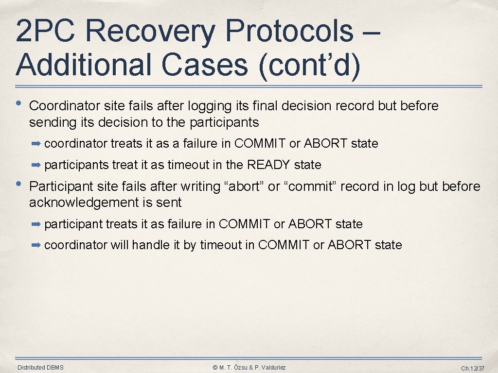 2 PC Recovery Protocols – Additional Cases (cont’d) • Coordinator site fails after logging 2 PC Recovery Protocols – Additional Cases (cont’d) • Coordinator site fails after logging