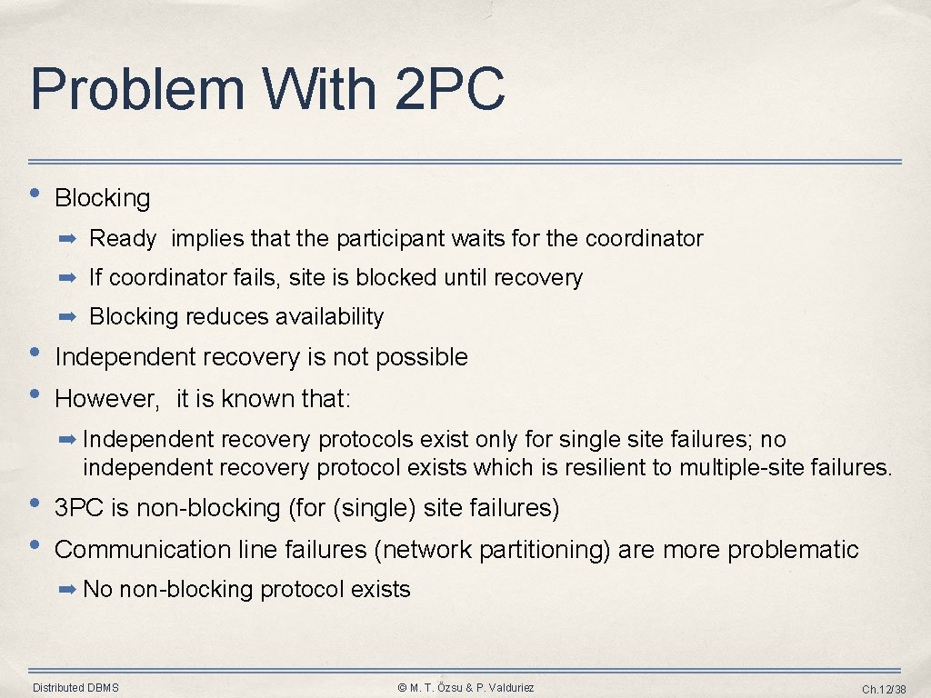Problem With 2 PC • Blocking ➡ Ready implies that the participant waits for Problem With 2 PC • Blocking ➡ Ready implies that the participant waits for
