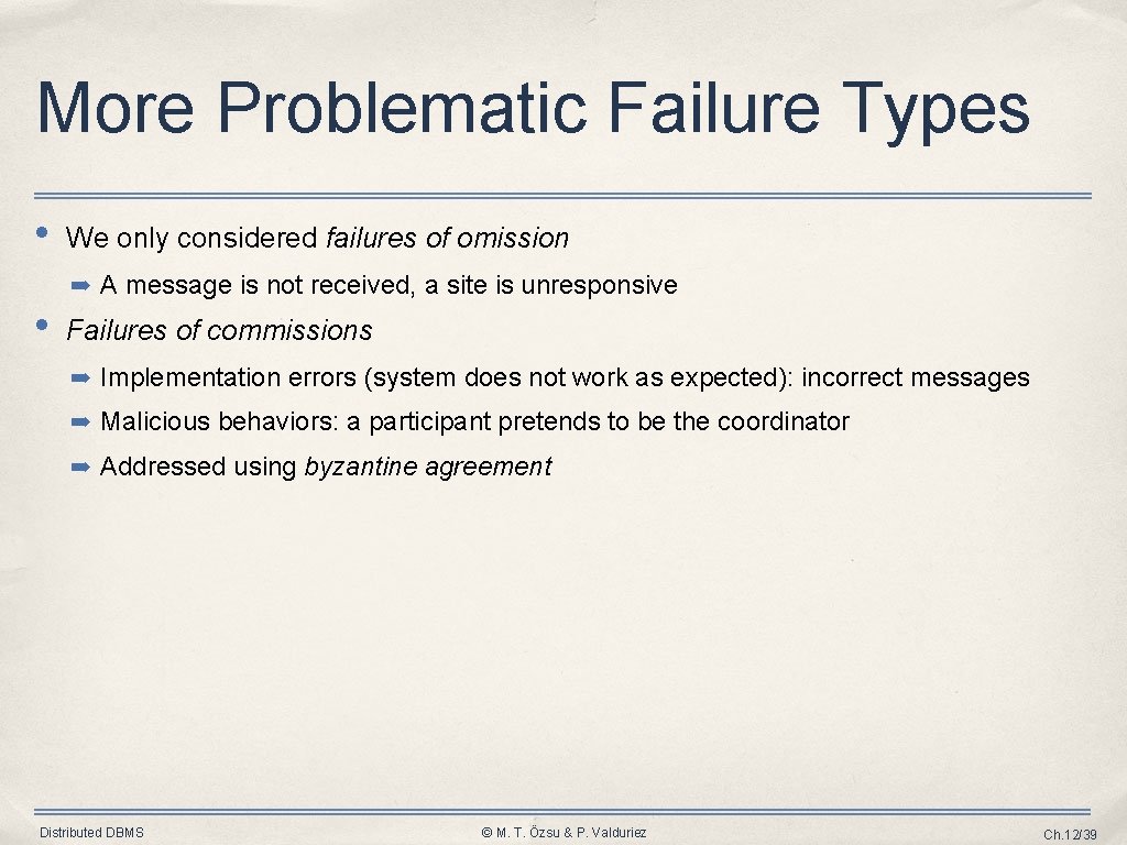 More Problematic Failure Types • We only considered failures of omission ➡ A message More Problematic Failure Types • We only considered failures of omission ➡ A message