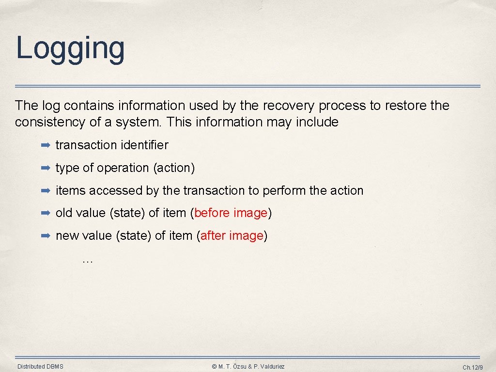 Logging The log contains information used by the recovery process to restore the consistency Logging The log contains information used by the recovery process to restore the consistency