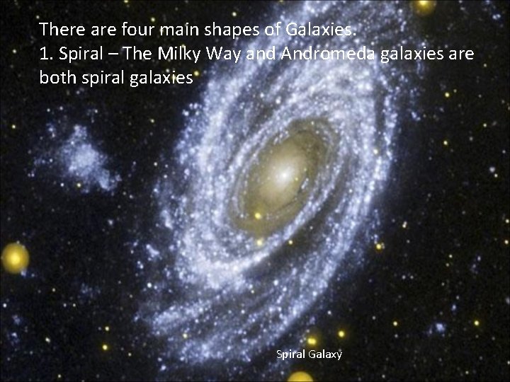 There are four main shapes of Galaxies. 1. Spiral – The Milky Way and