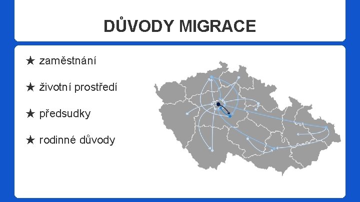 DŮVODY MIGRACE ★ zaměstnání ★ životní prostředí ★ předsudky ★ rodinné důvody 