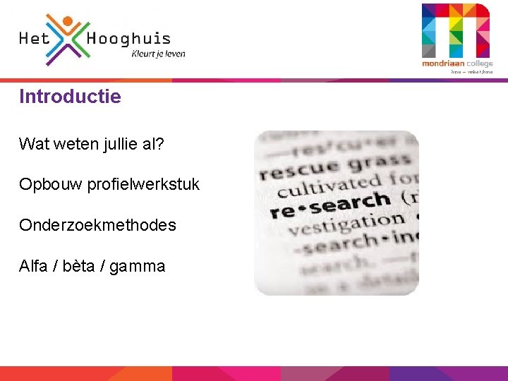 2 havo – vmbo-t/havo Introductie Wat weten jullie al? Opbouw profielwerkstuk Onderzoekmethodes Alfa /