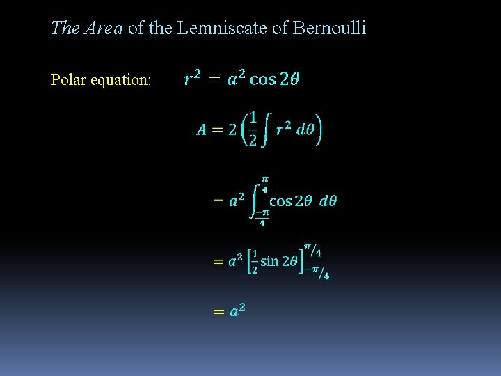 The Area of the Lemniscate of Bernoulli Polar equation: 