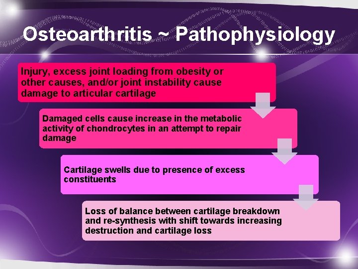 Osteoarthritis ~ Pathophysiology Injury, excess joint loading from obesity or other causes, and/or joint