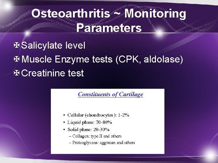 Osteoarthritis ~ Monitoring Parameters Salicylate level Muscle Enzyme tests (CPK, aldolase) Creatinine test 