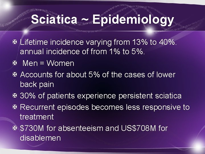 Sciatica ~ Epidemiology Lifetime incidence varying from 13% to 40%. annual incidence of from