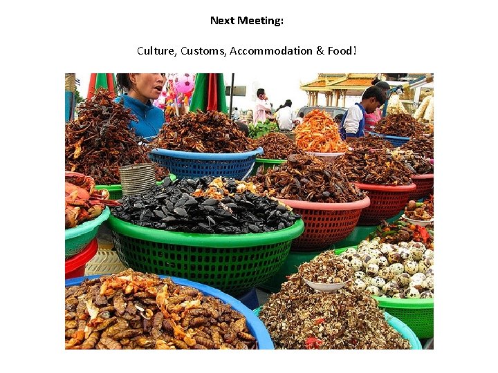 Next Meeting: Culture, Customs, Accommodation & Food! 