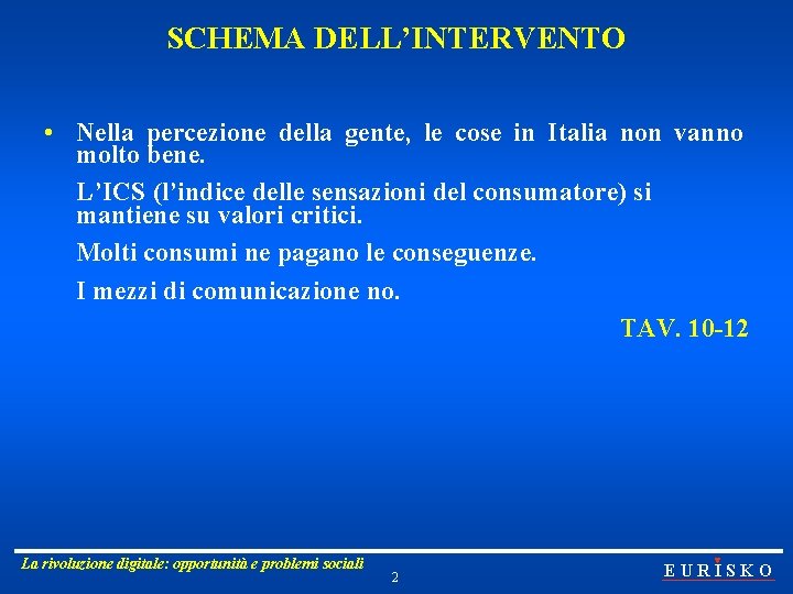 SCHEMA DELL’INTERVENTO • Nella percezione della gente, le cose in Italia non vanno molto