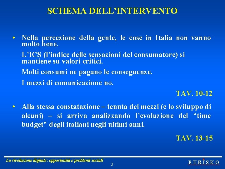 SCHEMA DELL’INTERVENTO • Nella percezione della gente, le cose in Italia non vanno molto