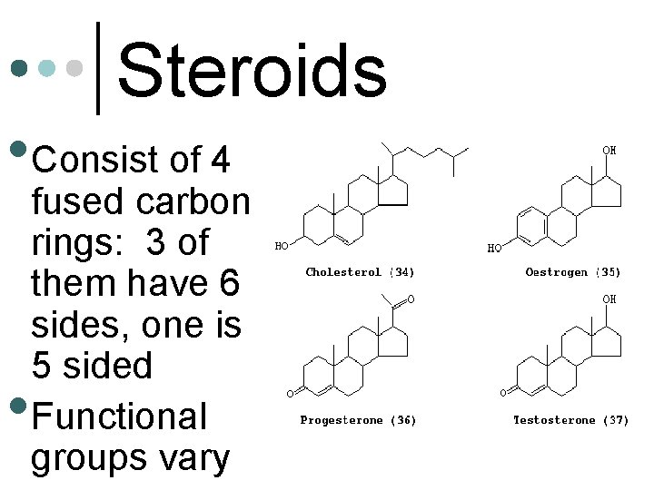 Steroids • Consist of 4 • fused carbon rings: 3 of them have 6