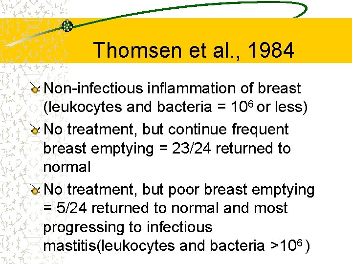 Thomsen et al. , 1984 Non-infectious inflammation of breast (leukocytes and bacteria = 106