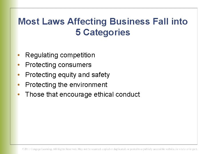 Most Laws Affecting Business Fall into 5 Categories • • • Regulating competition Protecting