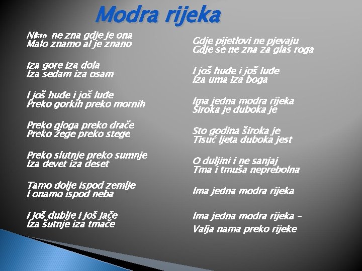 Modra rijeka Nikto ne zna gdje je ona Malo znamo al je znano Iza