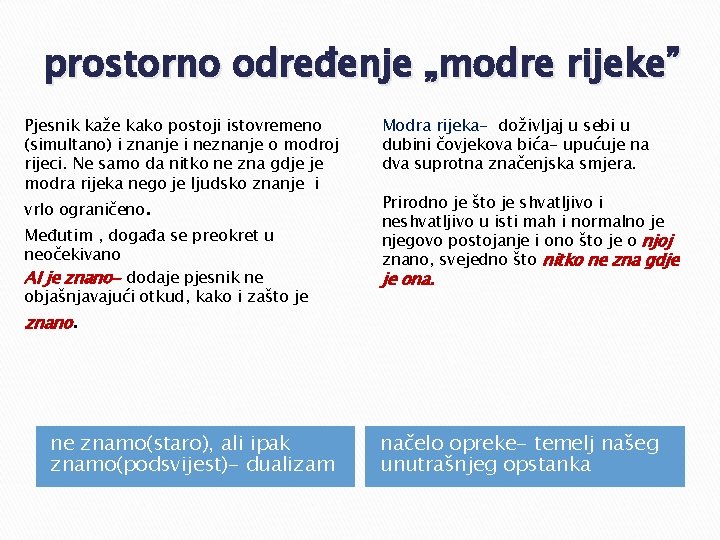 prostorno određenje „modre rijeke” Pjesnik kaže kako postoji istovremeno (simultano) i znanje i neznanje