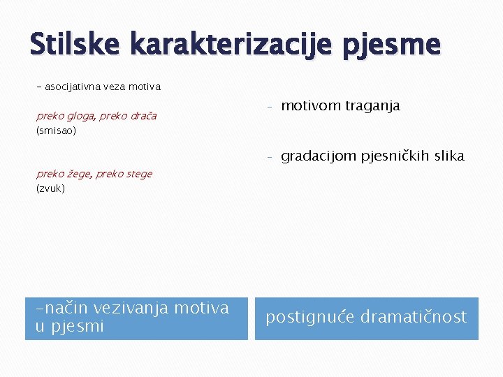 Stilske karakterizacije pjesme - asocijativna veza motiva preko gloga, preko drača - motivom traganja