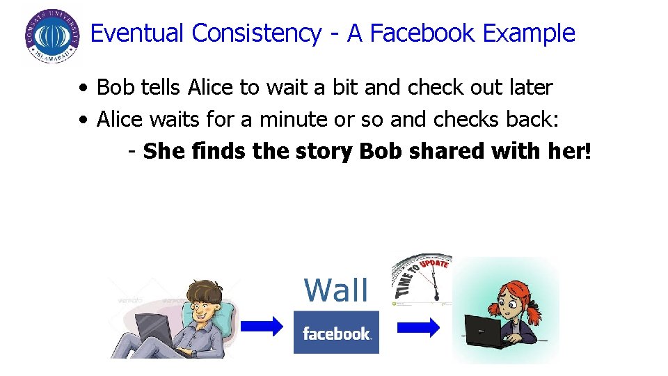Eventual Consistency - A Facebook Example • Bob tells Alice to wait a bit
