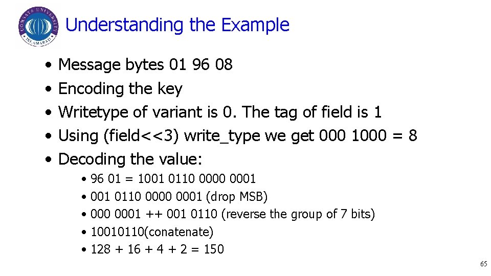 Understanding the Example • • • Message bytes 01 96 08 Encoding the key