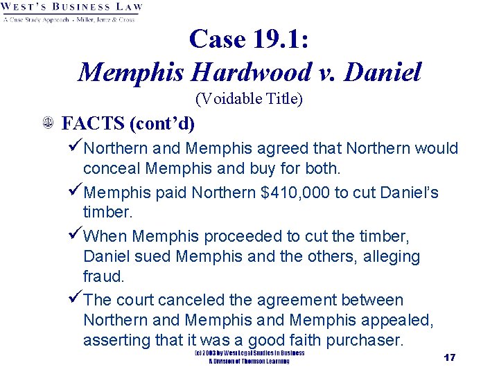 Case 19. 1: Memphis Hardwood v. Daniel (Voidable Title) FACTS (cont’d) üNorthern and Memphis