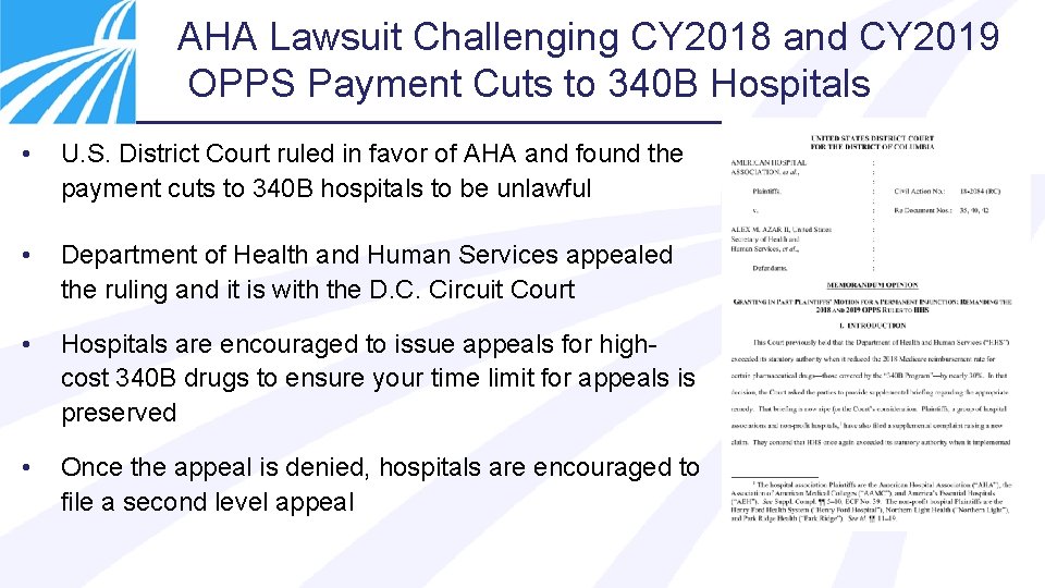 AHA Lawsuit Challenging CY 2018 and CY 2019 OPPS Payment Cuts to 340 B