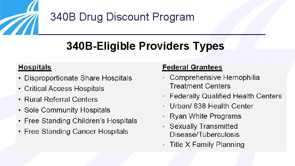 340 B Drug Discount Program 340 B-Eligible Providers Types 