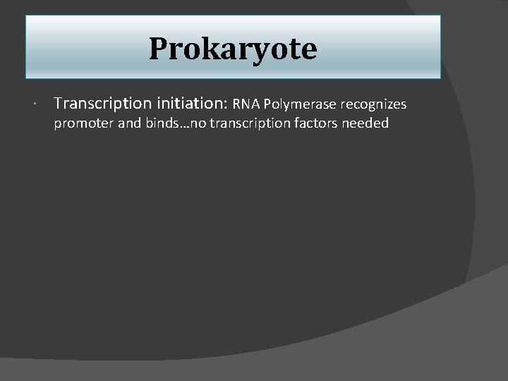 Prokaryote Transcription initiation: RNA Polymerase recognizes promoter and binds…no transcription factors needed 
