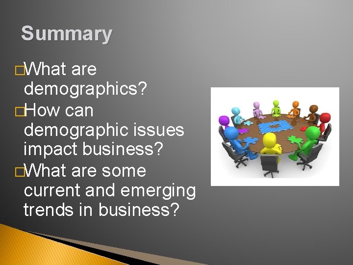 Summary �What are demographics? �How can demographic issues impact business? �What are some current