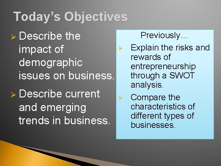 Today’s Objectives Ø Describe the Ø impact of demographic issues on business. Ø Describe