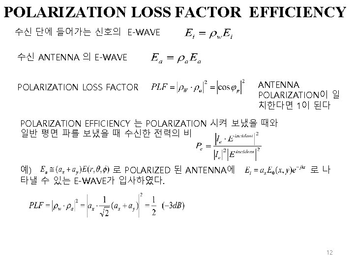 POLARIZATION LOSS FACTOR EFFICIENCY 수신 단에 들어가는 신호의 E-WAVE 수신 ANTENNA 의 E-WAVE POLARIZATION